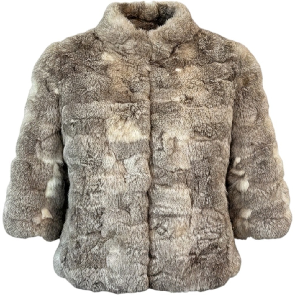 Niki Vintage Rabbit Fur Jacket Grey Brown Cropped 3/4 Sleeve Hong Kong Size L